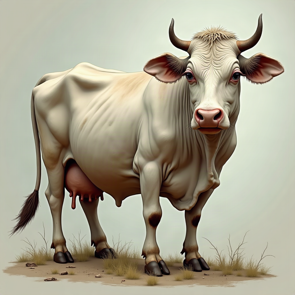 Old, tired-looking milk cow in a pasture