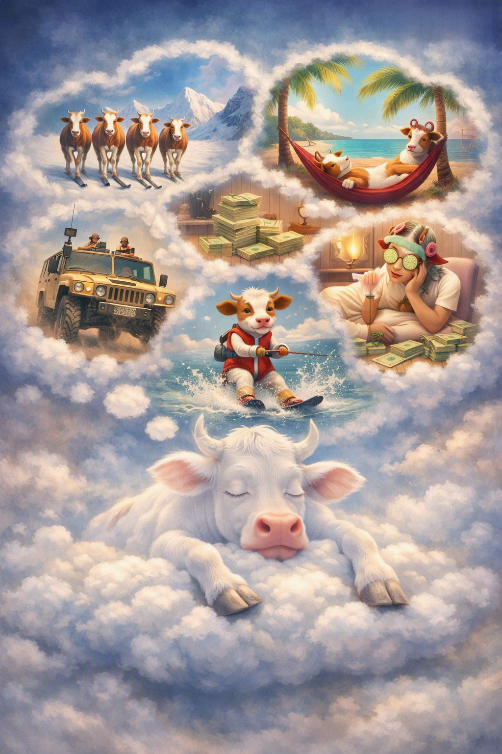 Old, tired-looking milk cow dreaming in a pasture